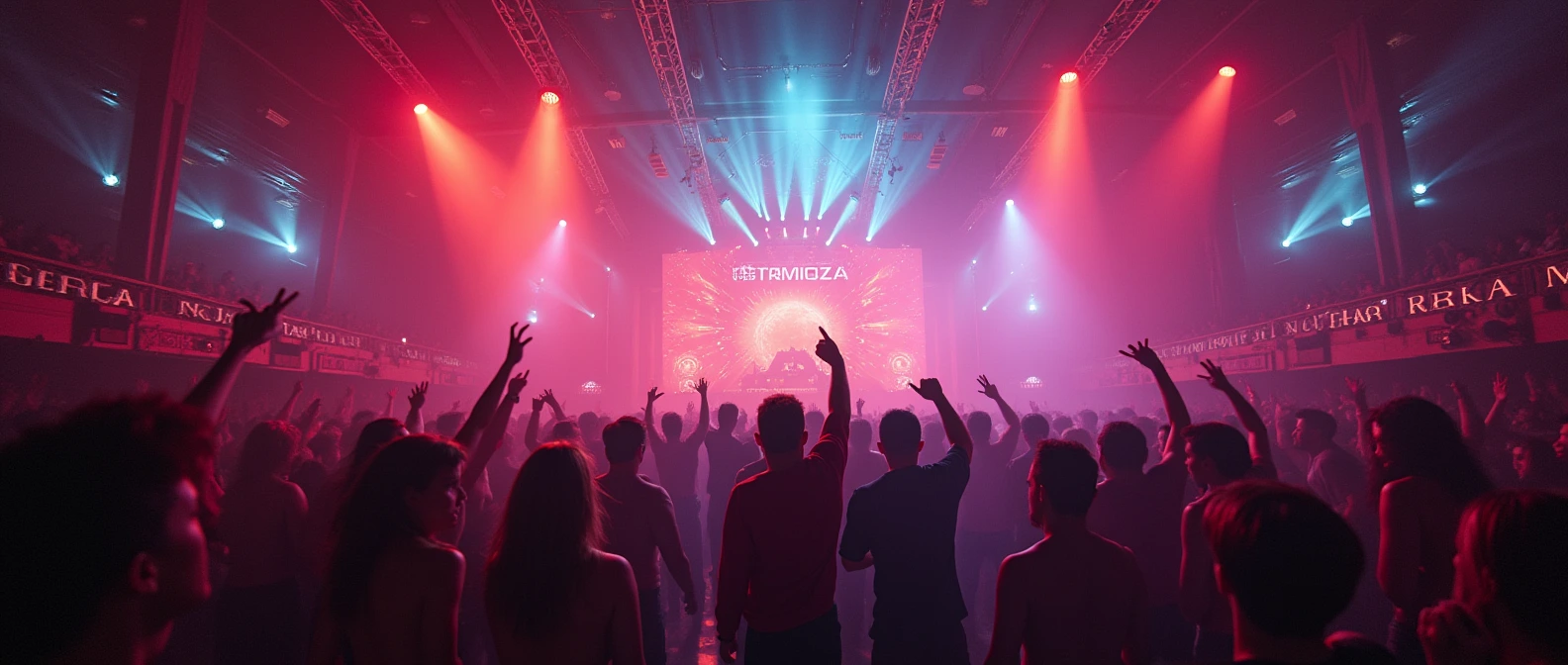 Large-scale rave with crowd silhouettes and dramatic lighting